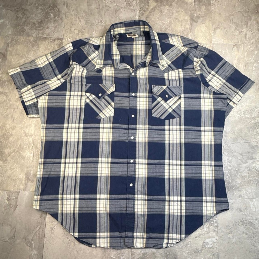 Vintage Blue Ely Cattleman Plaid Pearl Snap Shirt 2XL